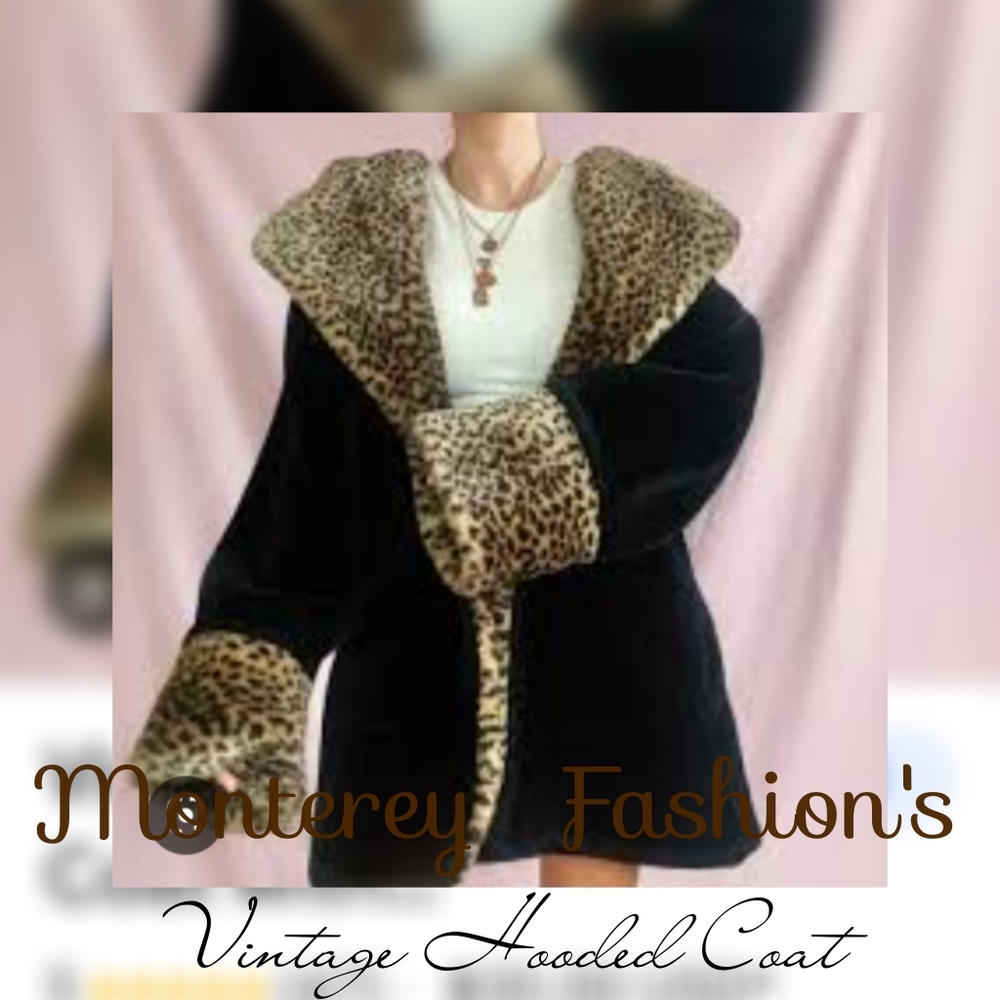 Vintage 80's Monterey Fashions Leopard Plush Faux Fur Black/Gold Hooded Jacket